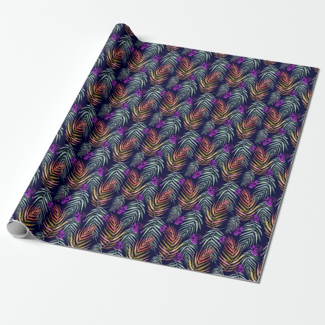 Papel De Presente Folhas tropicais de aquarelas, abstrato splash. (Desenrolado)