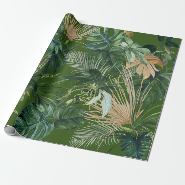 Papel De Presente Folhas tropicais de cor aquosa verde (Desenrolado)