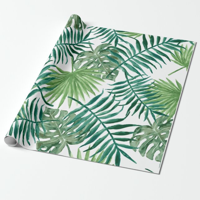Papel De Presente Folhas Tropicais de Monstera e Palmeira (Desenrolado)