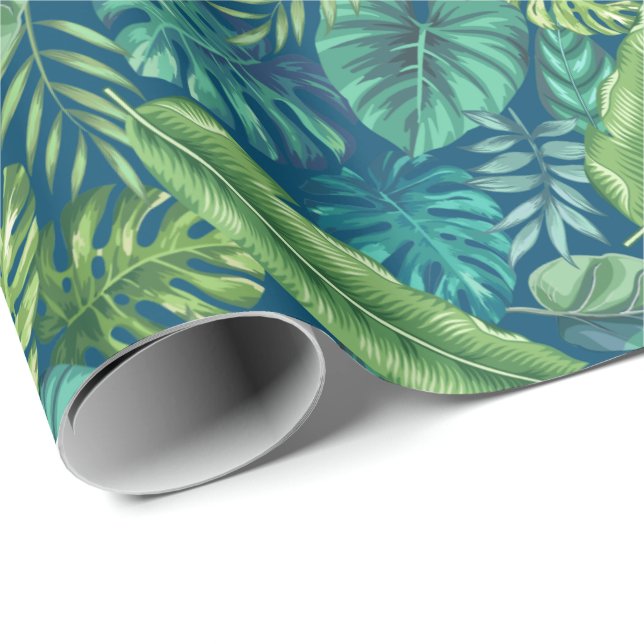 Papel De Presente Folhas Tropicais de Palma Verde e Teal Banana Mons (Ponta do rolo)