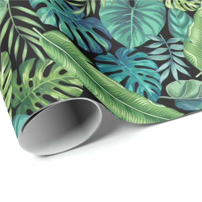 Papel De Presente Folhas Tropicais de Palma Verde e Teal Banana Mons (Ponta do rolo)