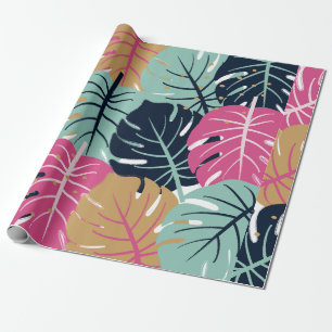 Papel De Presente Folhas Tropicais de Palmeira em Rosa e Azul