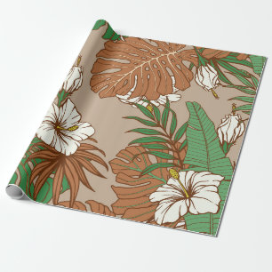 Papel De Presente Folhas tropicais de pele-leopardo flores de hibisc