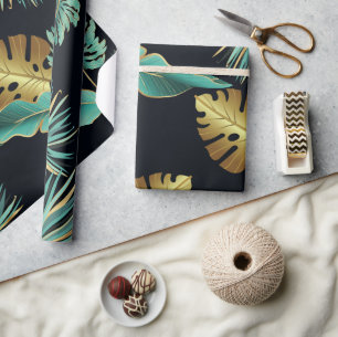 Papel De Presente Folhas Tropicais Douradas e Verdes Modernas