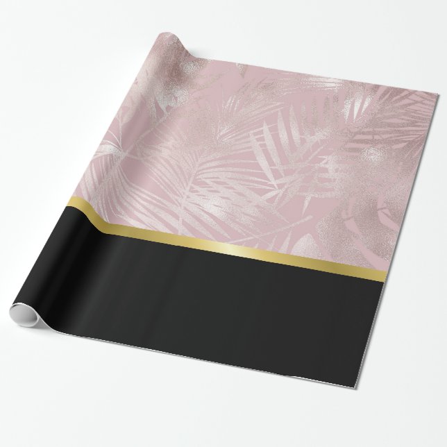 Papel De Presente Folhas tropicais Douradas rosa com borda negra (Desenrolado)