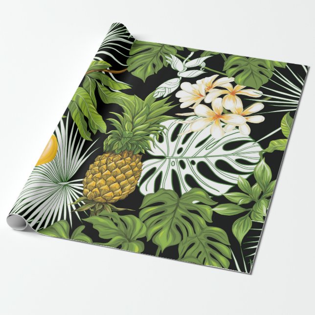 Papel De Presente Folhas tropicais e frutas, sem costura (Desenrolado)