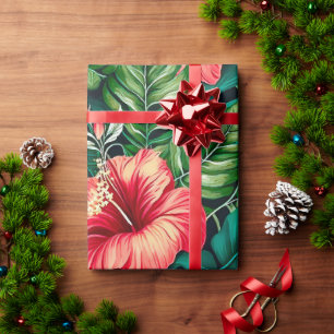 Papel De Presente Folhas Tropicais Elegantes e Flores de Hibisco  