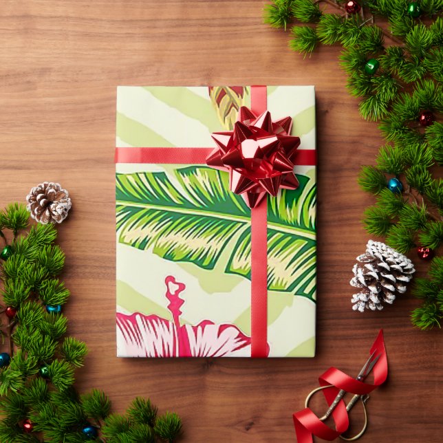 Papel De Presente Folhas Tropicais Elegantes e Flores de Hibisco | (Presente de Natal)