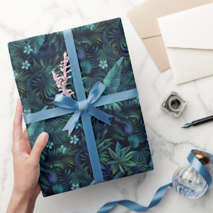 Papel De Presente Folhas Tropicais Flores Azuis