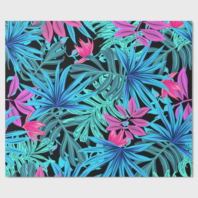 Papel De Presente Folhas tropicais no presente azul e rosa (Aberto)