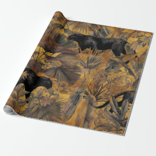 Papel De Presente Folhas tropicais, pantera e orquídea. Vint sem co