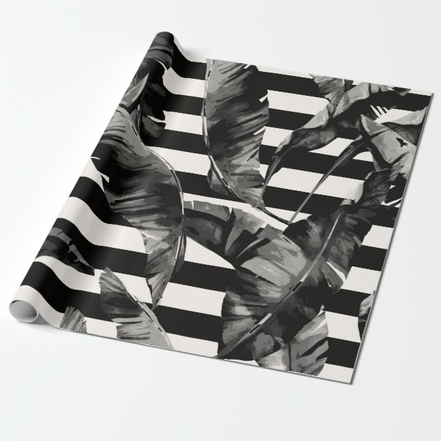 Papel De Presente Folhas Tropicais Pretas e Brancas (Desenrolado)