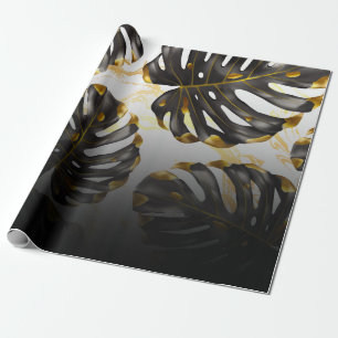 Papel De Presente Folhas tropicais pretas e Ouros