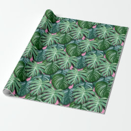 Papel De Presente Folhas Tropicais Verde e Rosa