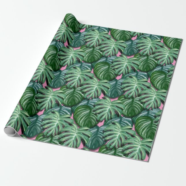 Papel De Presente Folhas Tropicais Verde e Rosa (Desenrolado)