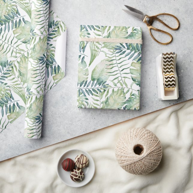 Papel De Presente Folhas Tropicais Verdes Brancas (Artesanato)