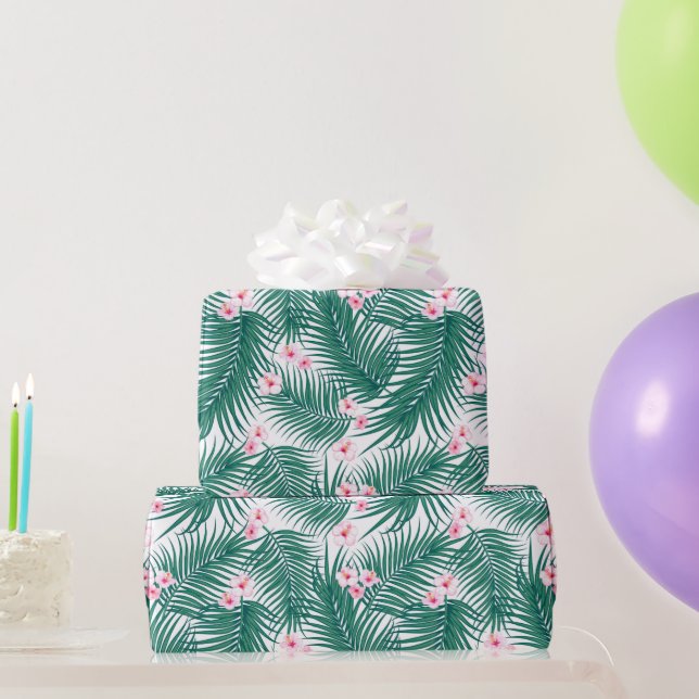 Papel De Presente Folhas Tropicais Verdes com Flores de Hibiscus (Presentes para festas)