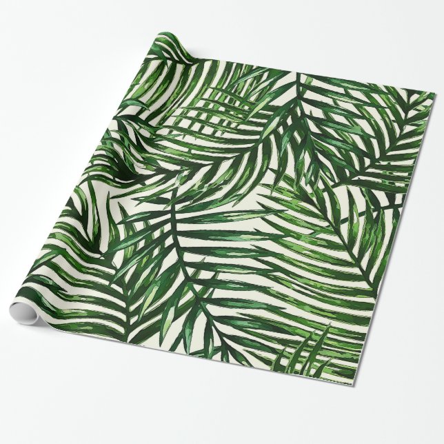 Papel De Presente Folhas tropicais verdes finas no branco (Desenrolado)