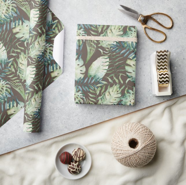 Papel De Presente Folhas Tropicais Verdes Marrons  (Artesanato)