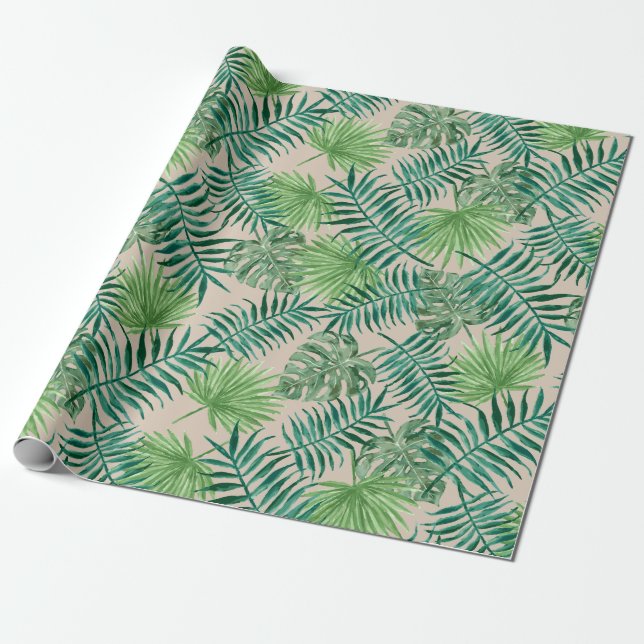 Papel De Presente Folhas Tropicais Verdes Neutro Boho (Desenrolado)