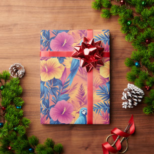 Papel De Presente Folhas Tropicais Vibrantes e Parrots Padrão de Ver