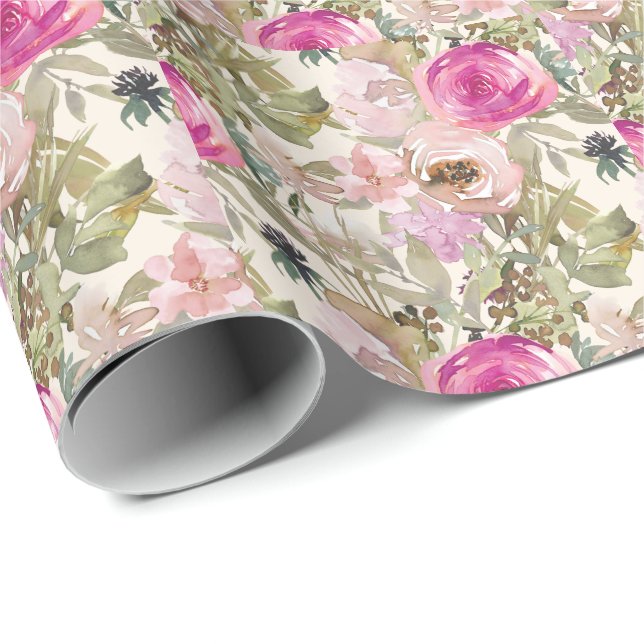 Papel De Presente Folhas Verdadeiras de Sage Floral Rosa (Ponta do rolo)
