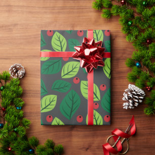 Papel De Presente Folhas Verdes, Berries Vermelhos, Padrão De Folhas