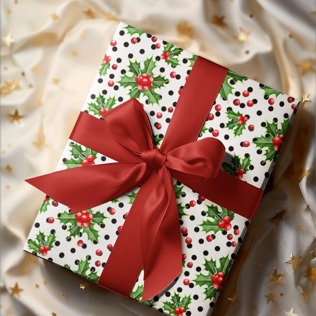 Papel De Presente Folhas verdes de azevinho e bagas vermelhas da tem (Criador carregado)