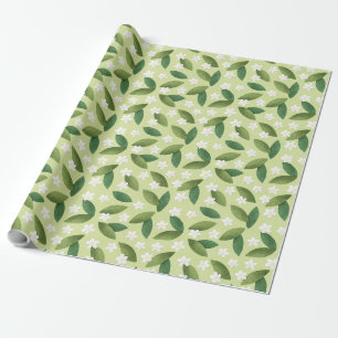 Papel De Presente Folhas Verdes e Flores Brancas em Fundo Verde
