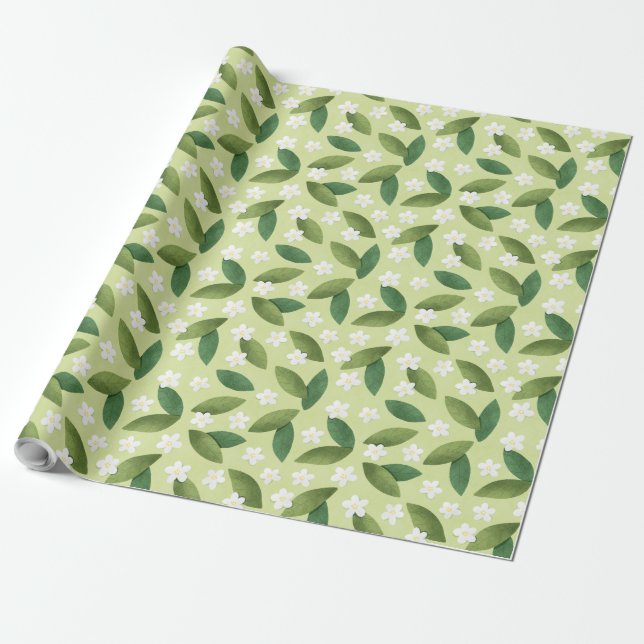 Papel De Presente Folhas Verdes e Flores Brancas em Fundo Verde (Desenrolado)