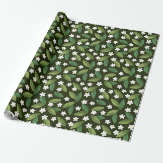 Papel De Presente Folhas Verdes e Flores Brancas em Fundo Verde