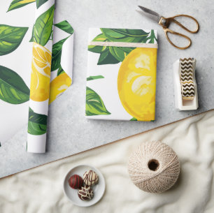 Papel De Presente Folhas Verdes e Limão Mediterrâneo Fresco