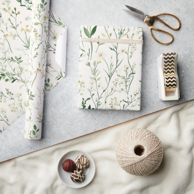 Papel De Presente Folhas Verdes Flores Brancas Aniversário (Artesanato)