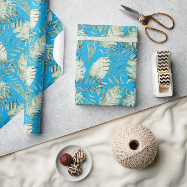 Papel De Presente Folhas Verdes Tropicais Azul Aqua (Artesanato)