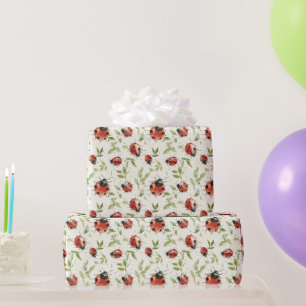 Papel De Presente Folhas Verdes Vermelhas Joaninhas Aniversário