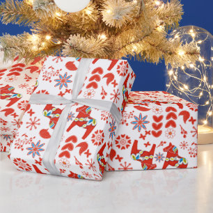 Papel De Presente Folk Art Dala Coro Vermelho Sueco Padrão Floral