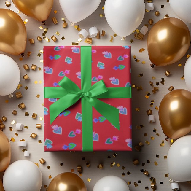 Papel De Presente Folk Art Sacred Heart Wraping Paper (Sacred Hearts of Mary on a red background are beautiful for Christmas!)