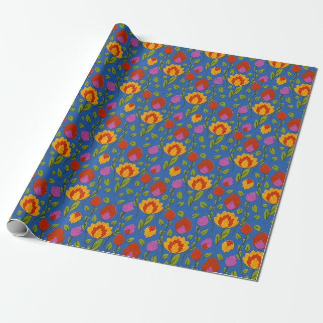 Papel De Presente Folkore Floral Moderno // Amarelo-Vermelho-Azul (Desenrolado)