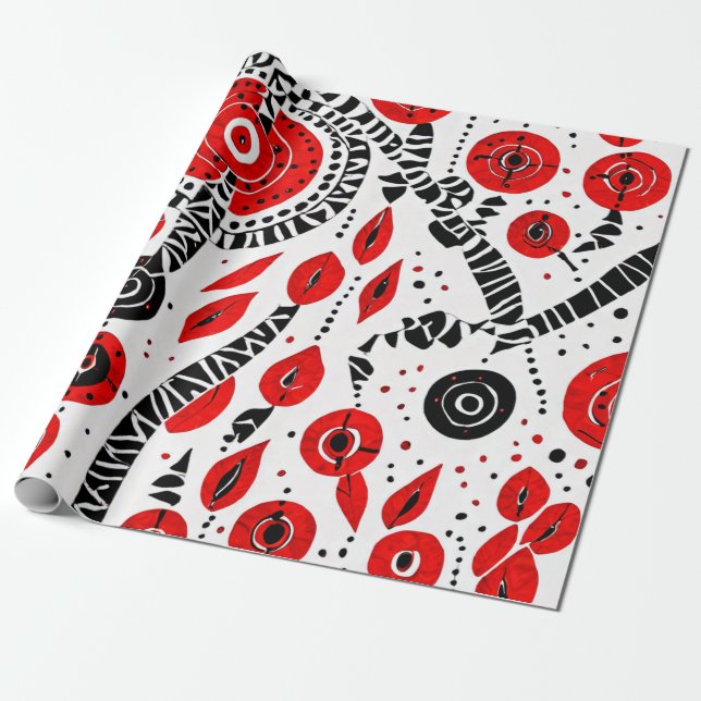 Papel De Presente Força Tribal: Vermelho, Preto e Branco (Desenrolado)