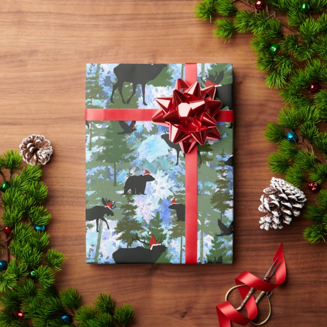 Papel De Presente Forest Animals in Santa Hats (Presente de Natal)