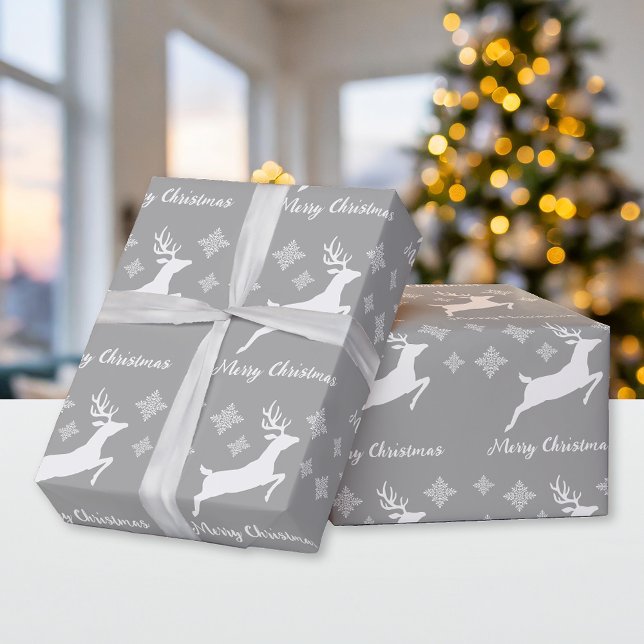 Papel De Presente Forma de Veado Branco em Cinza com Flocos de Neve  (Criador carregado)