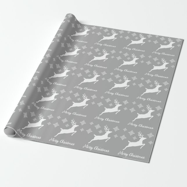 Papel De Presente Forma de Veado Branco em Cinza com Flocos de Neve  (Desenrolado)