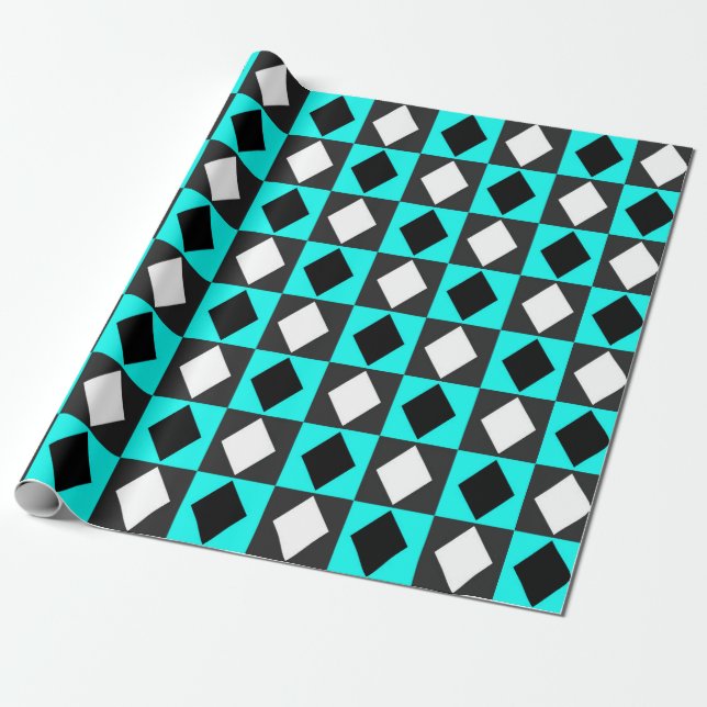 Papel De Presente Formas de Diamantes Geométricos Branco Azul Preto (Desenrolado)