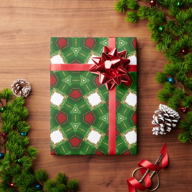 Papel De Presente Formas Vermelhas, Verdes e Brancas (Presente de Natal)