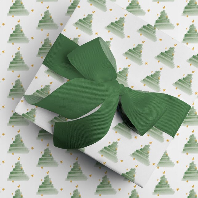 Papel De Presente Fortalecimento das Árvores de Natal Verde Presente (Watercolor Christmas trees with yellow stars dancing around this festive holiday gift wrapping paper)