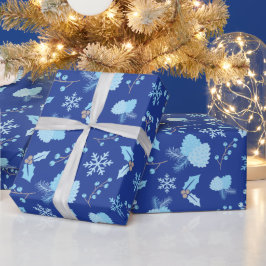 Papel De Presente Fosco Flocos de Neve Pincones Mistletoe Azul Escur