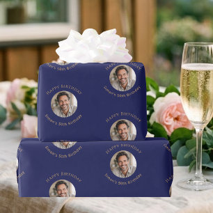 Papel De Presente Foto Azul Marinho Dourado Aniversário