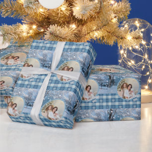 Papel De Presente Foto Azul Xadrez Aconchegante Natal de Inverno
