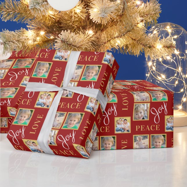 Papel De Presente Foto Collage Peace Love Joy Green Christmas (Feriados)