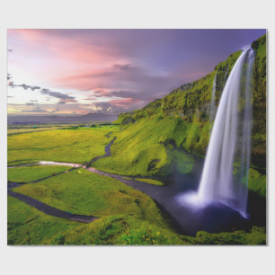Papel De Presente Foto da Cachoeira Islandesa Verde Natureza